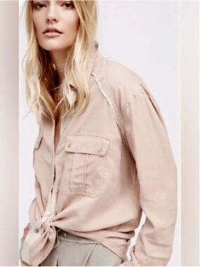 Anthropologie Free People Off Campus Button Down Shirt XS Beige Gold Trim